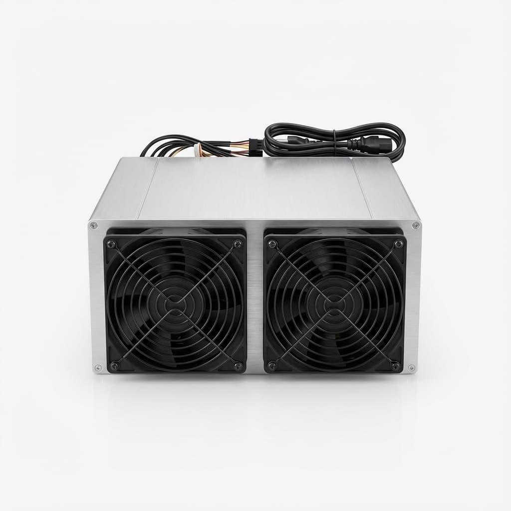 ASIC miner with a silver enclosure and two cooling fans